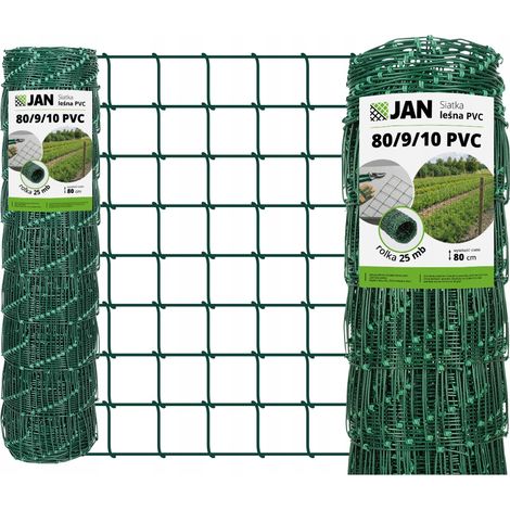 Clôture forestière – 80/9/10 L – Hauteur : 80 cm – Rouleau de 25 m – Verte – Galvanisée et revêtue de PVC – Grillage noué pour gibier 10 x 10 cm – 80 g/m²