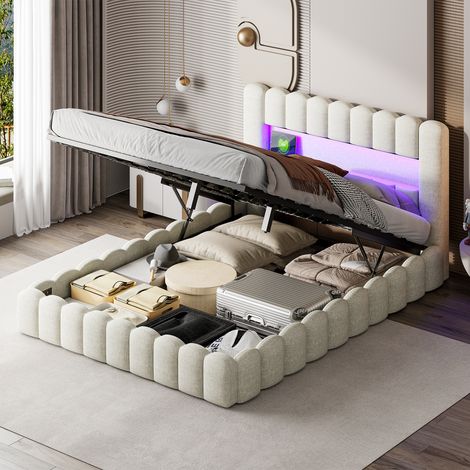 FOERPL-Gepolstertes Bett 140x200cm mit LED et USB/Type-C, Doppelbett 140x200 mit hydraulischem Bettkasten, Polsterbett 140x200 mit Bettkasten und Lattenrost Gepolsterter Bettrahmen
