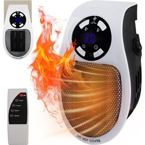 Mini ceramic fan heater 500W - Mini fan heater with remote control - 1 to 12 hour timer - 15° to 30° thermostat - 90° swivel plug - bathroom, office (1/5)