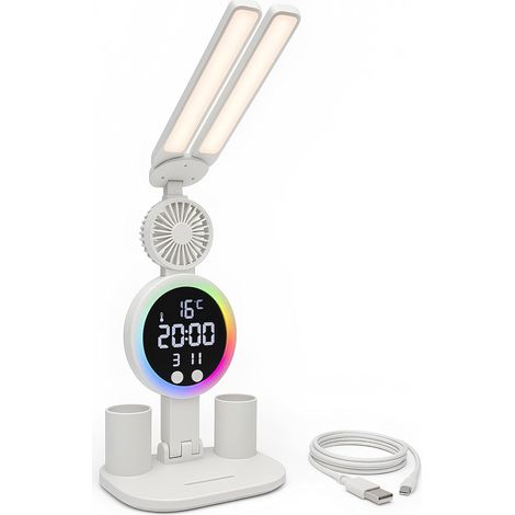 Utilify Lámpara Escritorio Oficina LED RGB con Ventilador Silencioso, Reloj y Termómetro, 3 Modos de Luz, Control Táctil, USB-C, Batería 3200mAh, Ideal Estudio Juvenil (1/5)