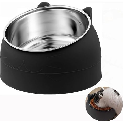 Gamelle Chat en Acier Inoxydable 400ML,Bol Incliné à 15°pour Nourriture et Eau,avec Forme d'oreilles de Chat,en Acier 304,pour Chats,Chiens,Lapins (1/5)