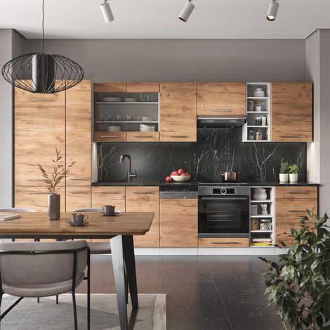 Cucina componibile Fame-Line, Rovere dorato/bianco, 355 cm , PL Antracite, Vicco