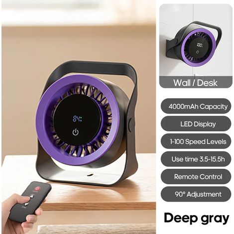 Ventilateur mural rechargeable (gris) 4000 mAh, ventilateur de bureau portable avec télécommande, adapté à une utilisation en extérieur (1/5)