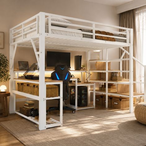 DESMIU Lit mezzanine 2 places avec bureau, rangements, USB et LED réglable 140 × 200 cm, sans matelas, blanc (1/5)