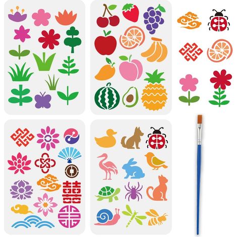 4pcs Pochoirs à Peinture Plantes Fruits Fleurs Animaux avec Pinceau 21x29.7cm Modèle de Dessin Nuages Décoratifs Pochoir Papillon Modèle Thème Quotidien pour Décoration de Sol (1/5)