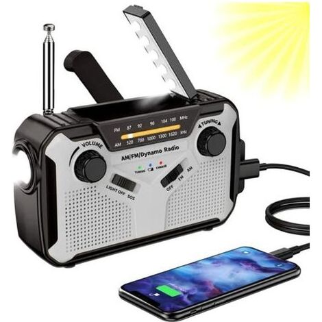 Solarradio, tragbares AM/FM-Radio mit Handkurbel, Notstromaggregat mit wiederaufladbarem 4000-mAh-Akku, LED-Taschenlampe, SOS-Alarm für Camping, Outdoor-/Notfalleinsatz (grau) (1/5)