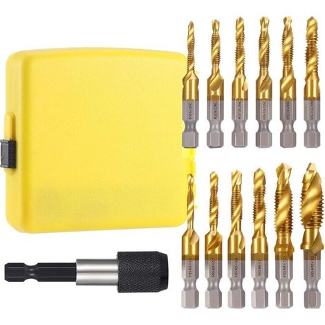 13 Pièces Foret Taraudeur HSS, SAE/Metric M3-M10 Foret Taraud Filetage Métrique Jeu de Forets et de Tarauds Combinés avec Adaptateur de Taraud pour Bois Métal Plastique Aluminium