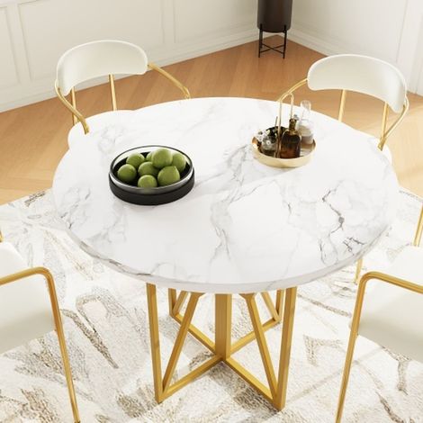 Table à manger ronde 80x80x76 cm en mdf effet marbre avec pieds dorés, design élégant pour salon ou salle à manger, 4 à 6 personnes (1/5)