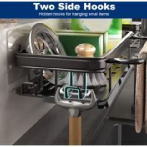 Organizador para fregadero de cocina, soporte para esponjas, organizador para fregadero con bandeja antigoteo y ganchos, almacenamiento para jabones y cepillos. (1/3)