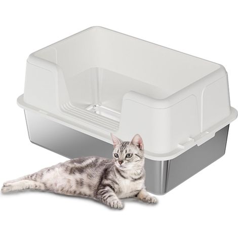 Litiere pour Chat Acier Inoxydable, XXL Bac à Litière pour Chat, Semi-fermée Caisse Litter Box, Anti-Fuite, Amovible Maisons de Toilette pour Chats, 50x35x23 cm, Blanc (1/5)
