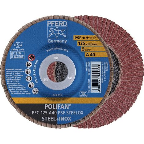 Disco de láminas POLIFAN A PSF STEELOX D.125 mm Granulación de acero cónico A-60 (Paquete de 10)