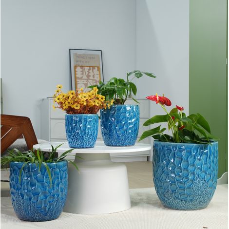 Keramik-Blumentopf Ø38 cm, glänzend blau, gehämmertes Muster, mit Drainageloch HAVRYA (1/5)