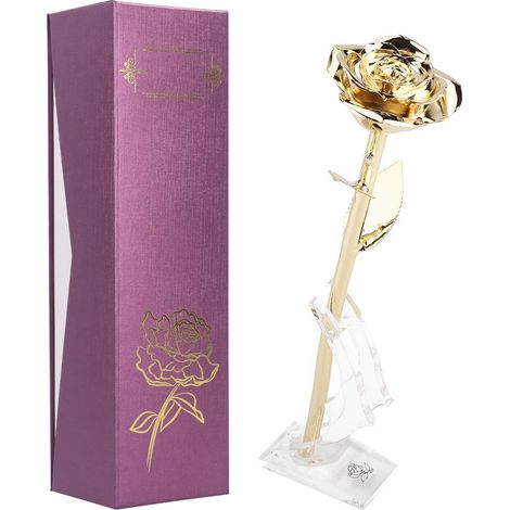 Rose dorée plaquée or 24K avec socle - Idée cadeau Saint-Valentin pour petite amie - Décoration romantique (1/5)
