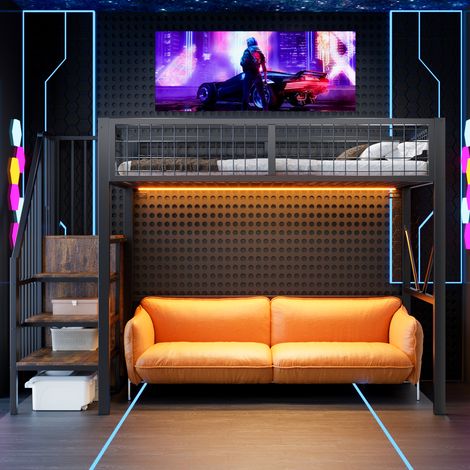 Lit mezzanine métal 1 place 90x200 cm, escalier de rangement, barre de penderie, garde-corps grillagé, LED, espace libre de 144 cm sous le lit, noir (1/5)