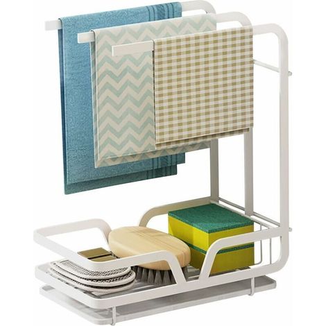 Organizzatore per lavello - scolapiatti a parete per asciugamani, spugne, spazzole con vassoio raccogligocce per cucina e bagno (bianco), (1/4)