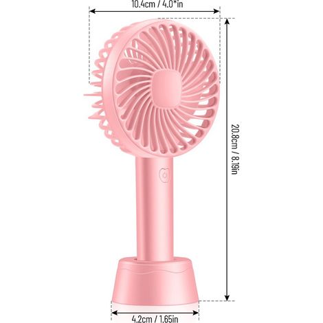 Ventilateur portable rechargeable USB 1200 mAh, mini ventilateur de poche à 3 vitesses, idéal pour la maison, le bureau, le camping, les voyages et le sport. Base amovible rose. (1/2)