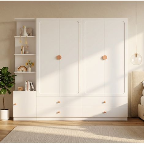 Armadio guardaroba con ante battenti, 3 appendiabiti e 4 cassetti, 225x45x200 cm, bianco OKMYHOME (1/5)
