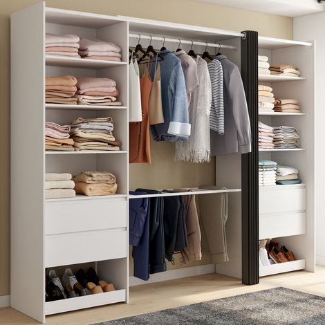 MERYL 220 cm XXL armario doble con pantalonero + estantes + cajones + zapatero en blanco y gris (1/5)