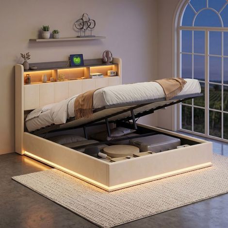 Lit coffre - Lit 140x190 velours beige - Sommier à lattes 140x190 - LED intégrée & USB - Coffre de rangement (1/5)