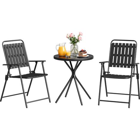 Woltu – Ensemble table et chaises de jardin 3 pièces – Métal noir résistant aux intempéries – Chaises pliables ergonomiques – Table ronde 60cm