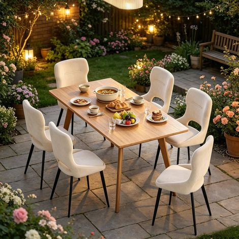 Set di 6 sedie da pranzo imbottite in ciniglia beige con struttura in metallo MODENUIT (1/4)