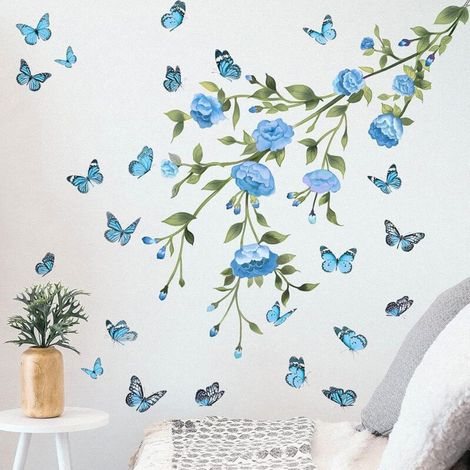 Vtizikl Bleu Plante Papillon décoration Mur Autocollant PVC Auto-adhésif Maison Chambre décoration Murale Peut être enlevé (1/4)