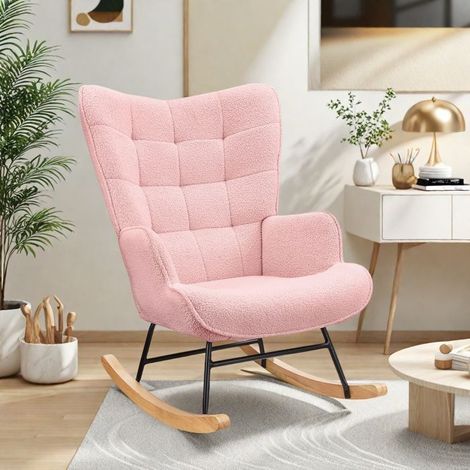 Schaukelstuhl, Rocking Chair, Stoffbezug Rosa, Skandinavischer Stil, Für Wohnzimmer, Schlafzimmer, Balkon, 75x68x92cm