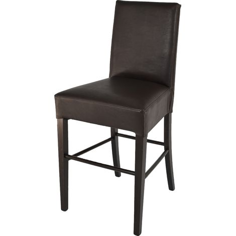 Tommychairs - Sgabello basso moderno modello Luisa per cucina e bar, struttura in legno di faggio color Wengé, Seduta e Schienale Imbottiti e Rivestiti in pelle artificiale colore marrone (1/4)
