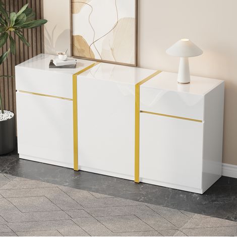 Luxuriöses Sideboard, Hochglanzlackierung, moderner Aufbewahrungsschrank, drei Türen und zwei Schubladen, geeignet für Wohnzimmer, Esszimmer und Eingangsbereich minimalistisches Möbelstück. (1/5)