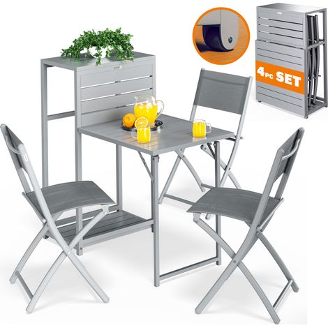 CASARIA® 4 Piece Balcony Furniture Set Table with 3 Chairs Foldable Space Saving Design Including Wheels Weatherproof Steel Powder Coated Garden Patio Seating Group Grey (1/8)