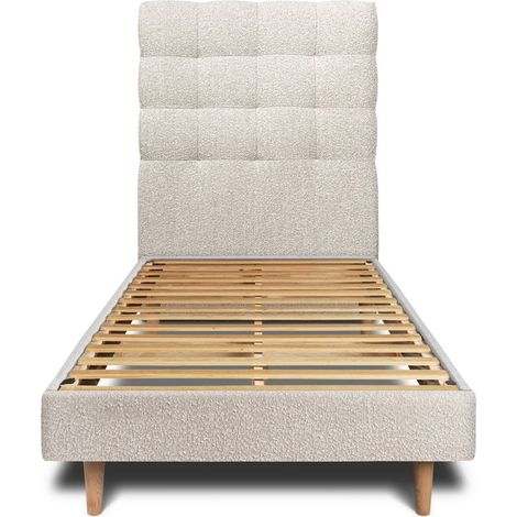 Lit 90x190cm avec tête de lit capitonnée bouclette et sommier kit Beige - Hauteur totale : 29cm (1/5)