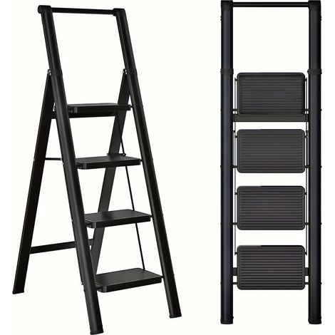 Escalera plegable de 4 peldaños de acero negro con pedales anchos antideslizantes (1/5)