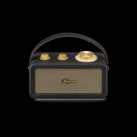 Sangean RA-101 Black Gold. Design retrò de di legno ed ecopelle. Bluetooth 5.0. Autonomia di 19 ore con una carica completa. Ingresso AUX per sorgenti audio esterne.