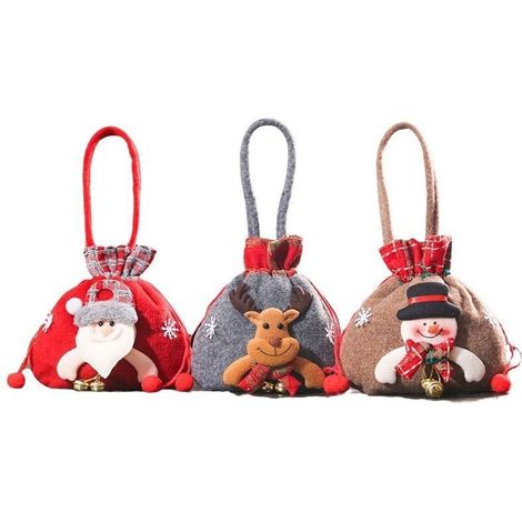 Lot de 3 sacs cadeaux de Noël tricotés, sacs à cordon avec motif Père Noël et pommes, parfaits pour les cadeaux de fête (1/5)