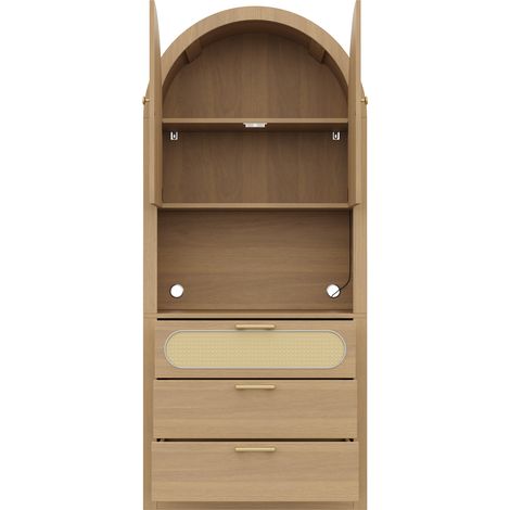 Vaisselier vitrine en arche 80 x 35 x 180 cm avec LED via appli et 3 tiroirs, chêne clair MODENUIT (1/5)