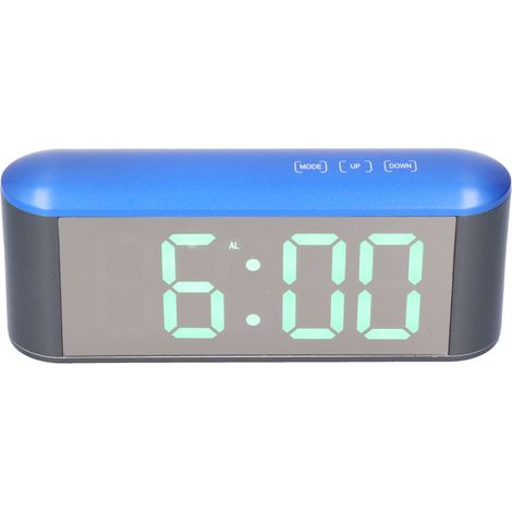 Blaue TS-S25 LED-Digitaluhr, Holzoptik, mit Wecker, Thermometer, Drehknopf, grünem Bildschirm, kreatives Design für Zuhause/Schule, keine Batterien erforderlich. (1/5)