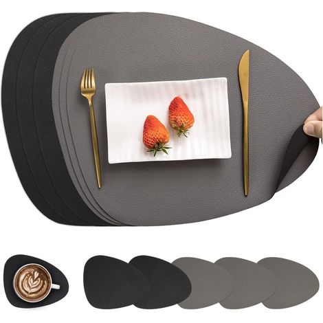 Tischsets Leder und Untersetzer, Tischsets Abwaschbar Rund Doppelseitigen rutschfest Platzdeckchen Leder Kunstleder Tischset Lederoptik Platzset (Grau Schwarz, Satz von 6) (1/5)