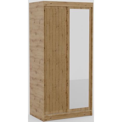 Armoire coulissante BIZEN avec lames décor bois et miroir – Moderne et chaleureux 100 cm-Beige-Largeur 100 cm (1/5)