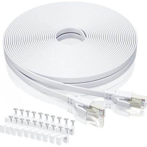 Câble Ethernet Cat8 25M avec Clips,40Gbps 2000Mhz Plat, Blanc (1/5)