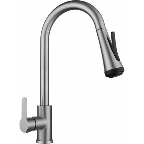 Rubinetto da cucina con bocca estraibile, 4 velocità regolabili - Monocomando - Acciaio inox - Design moderno - Vernice argento KLB (1/5)