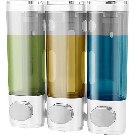 Set of 3 wall-mounted soap dispensers, no drilling required, for shampoo, shower gel, conditioner, white and silver (1/5)