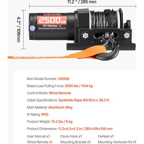 VEVOR 2500 lbs Electric Winch, 12V DC ATV/UTV Winch with Φ0.19 in x 39.4 ft Synthetic Rope & Wired Remote Control, IP55 Waterproof, Aluminum Housing Fairlead Mount Plate for Towing ATV, Black (1/4)