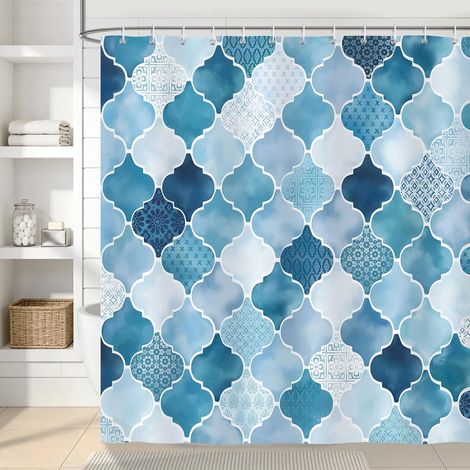 Rideau de Douche Bleu Sarcelle, Rideau de Baignoire Moderne Géométrique Abstraction Porcelaine 180 x 180 cm Polyester Imperméable Résistant à la Moisissure 12 Crochets (1/5)