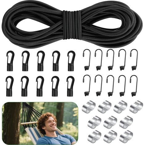 1 Corde élastique, 15 m, 6 mm, latex résistant UV, 10 crochets spirale, 10 pinces, fixation extérieur (1/5)