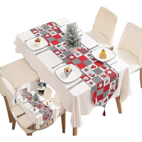 Chemin de table rouge à carreaux tartan de Noël en coton, nappe décorative pour la maison, chemin de table lavable à pompons pour les repas de famille, décoration de fête (1 pièce) (1/2)