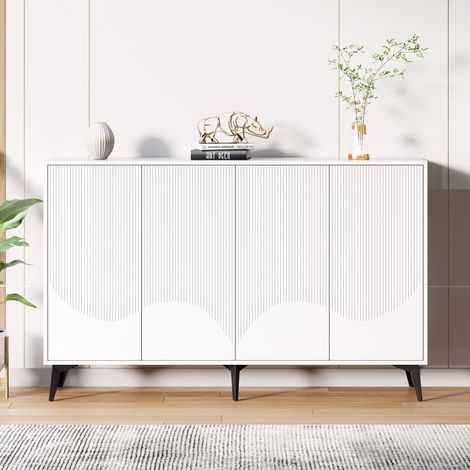 Buffet Sideboard 160x35x100cm - Commode Haute avec 4 Portes Sculptées et Étagères Ajustables - Design Sans Poignée - Blanc (1/5)