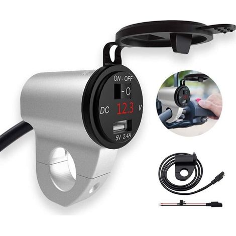 Caricabatterie USB impermeabile per moto con voltmetro integrato, fusibile di sicurezza e supporto universale per manubrio da 22 mm - Argento