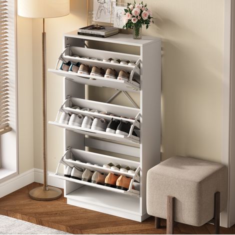 Mueble zapatero blanco de 3 abatibles con espejo redondo, MDF, 63 x 24 x 120 cm DESVIAE (1/5)