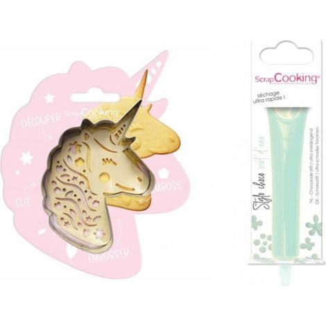 Kit pour biscuit en relief Licorne + Stylo au chocolat vert d'eau