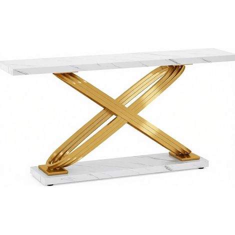 Mesa consola de entrada blanca y dorada con efecto mármol 140 x 35 x 80 cm HOMVRA (1/5)